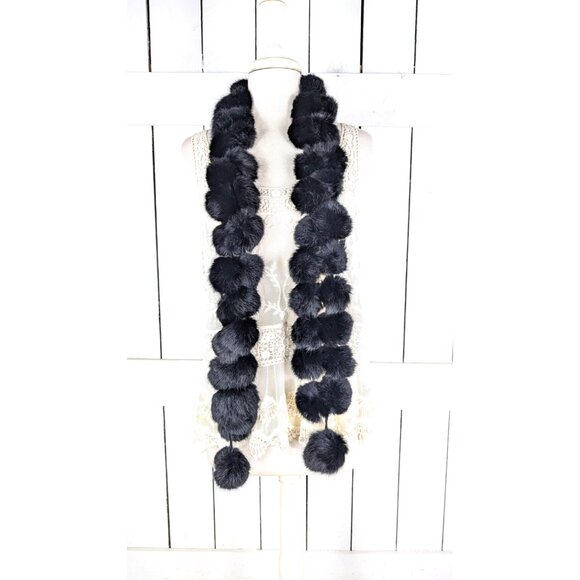 Vintage black rabbit fur poof ball winter scarf - Picture 4 of 4